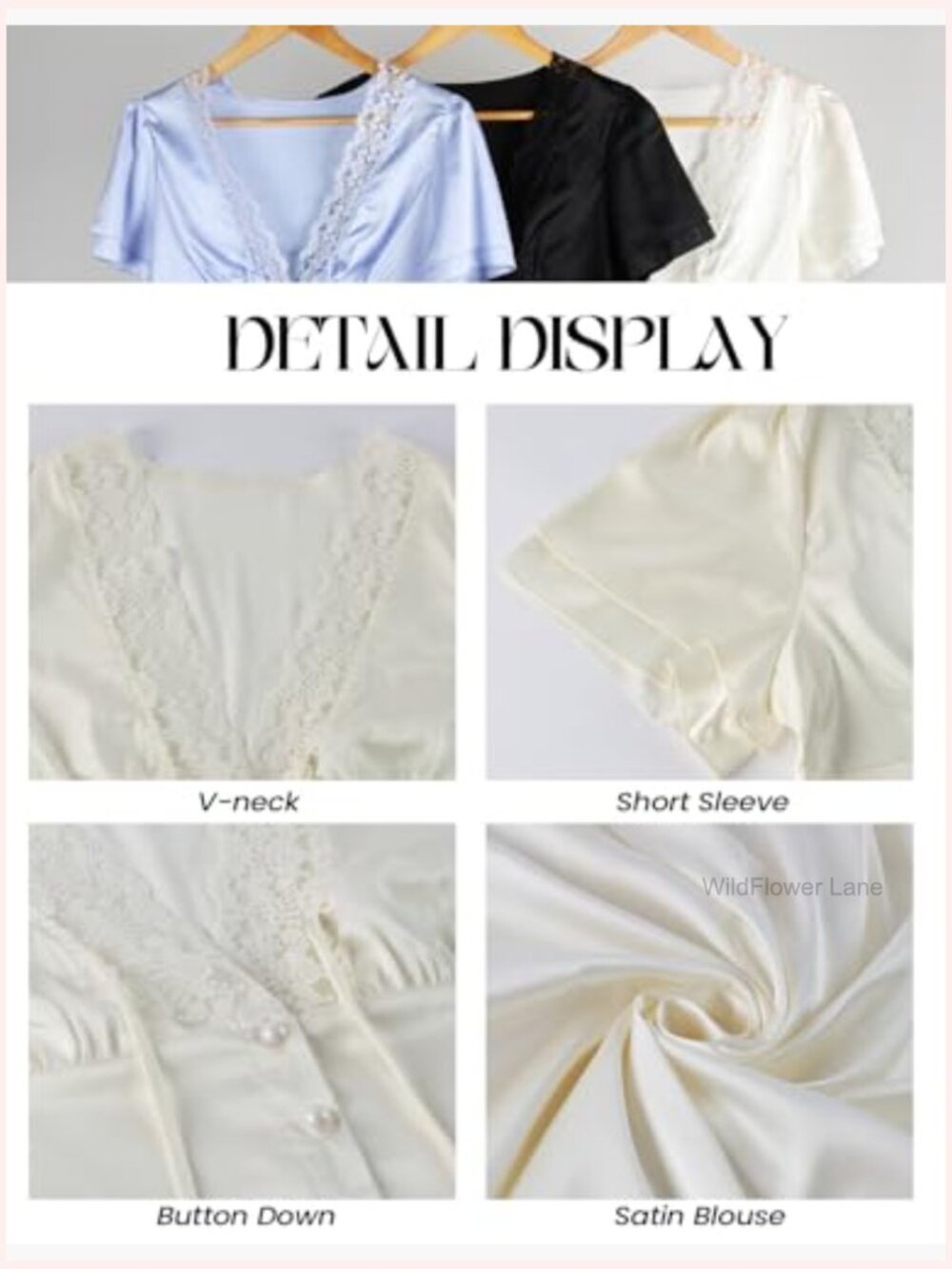 Satin V-Neck Lace Trim Blouse Tie Front Button Down Tops - Picture 6 of 6